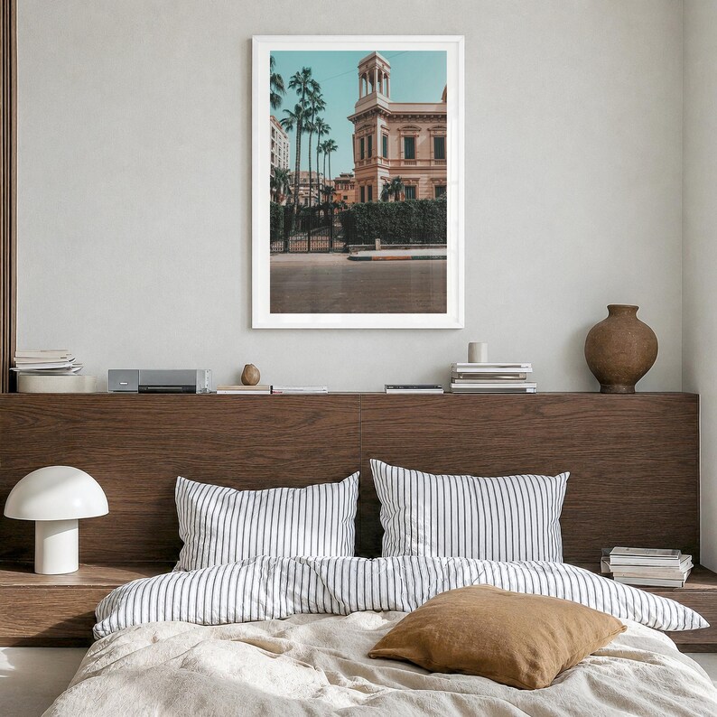 Alexandria Fine Art Photo Print, al-iskandariyah poster, white border in a white wood frame, hanging in a bedroom