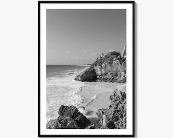Tulum Czarno-biały wydruk artystyczny, Ruiny Majów, Quintana Roo, Meksyk Plakat