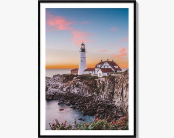 Cape Elizabeth Fine Art Photo Print, Portland Head Light Poster, Maine Sunrise Wall Decor