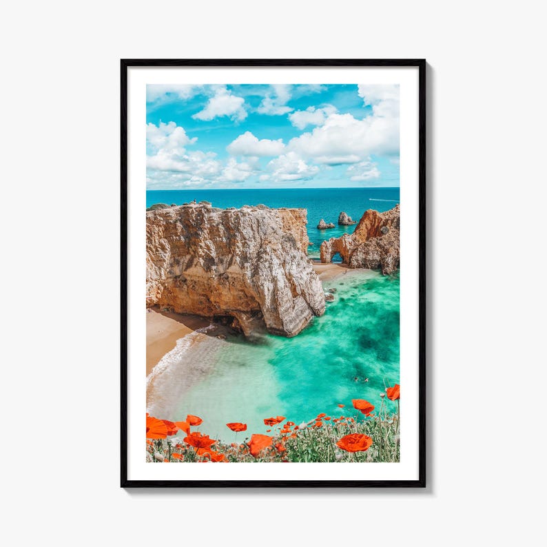 Algarve Portugal Fine Art Photo Print, Beach Cliff Coastline, Turquoise Water Wall Decor image 1