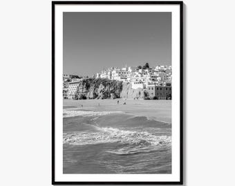 Impressão fotográfica artística em preto e branco de Albufeira, Algarve, Portugal, pôster de decoração de parede de praia