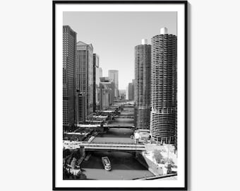 Chicago Black and White Fine Art Photo Print, River Poster, Illinois Wall Decor