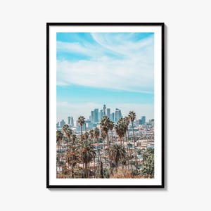 Impresión fotográfica artística del horizonte de Los Ángeles, centro, palmeras, California, póster de Los Ángeles