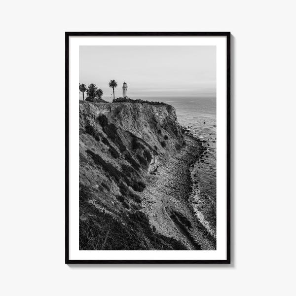 Plakat z czarno-białym zdjęciem artystycznym Rancho Palos Verdes i latarnią morską Point Vicente