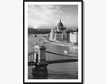 Svartvitt fototryck från Budapest, affisch med Kedjebron, Ungerns väggdekoration