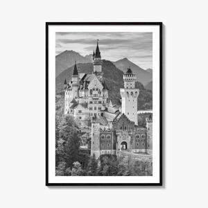Schloss Neuschwanstein Foto Poster Druck, Schloss Schwarzweiß Kunst, Schloss Wand Fotografie, Schloss Reise, Schloss Neuschwanstein Poster
