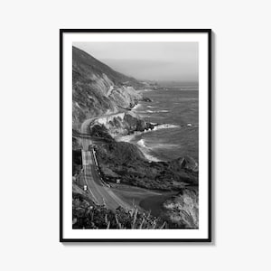 pazifischen Küstenstreifen Foto Plakat-Druck, pazifische Küste Landstraße schwarz und weiß, Kunst, Wand Fotografie, Reise, Karte Plakat