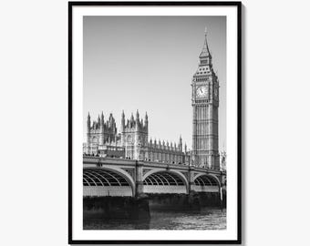 London Black and White Fine Art Photo Print, Big Ben Westminster Bridge England Poster