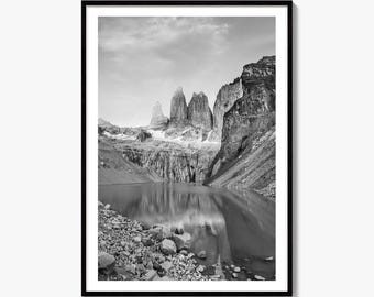 Torres del Paine Black and White Fine Art Photo Print, Patagonia Poster, Magallanes Chile