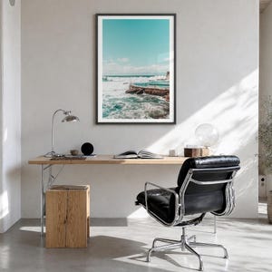 Bronte Beach Ocean Pool Fine Art Photo Print, sydney poster, white border in a black wood frame, hanging in a bright home office