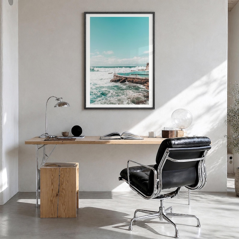 Bronte Beach Ocean Pool Fine Art Photo Print, sydney poster, white border in a black wood frame, hanging in a bright home office