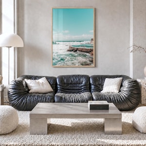 Bronte Beach Ocean Pool Fine Art Photo Print, sydney poster, full image (no border) in a natural wood frame, hanging in a living room