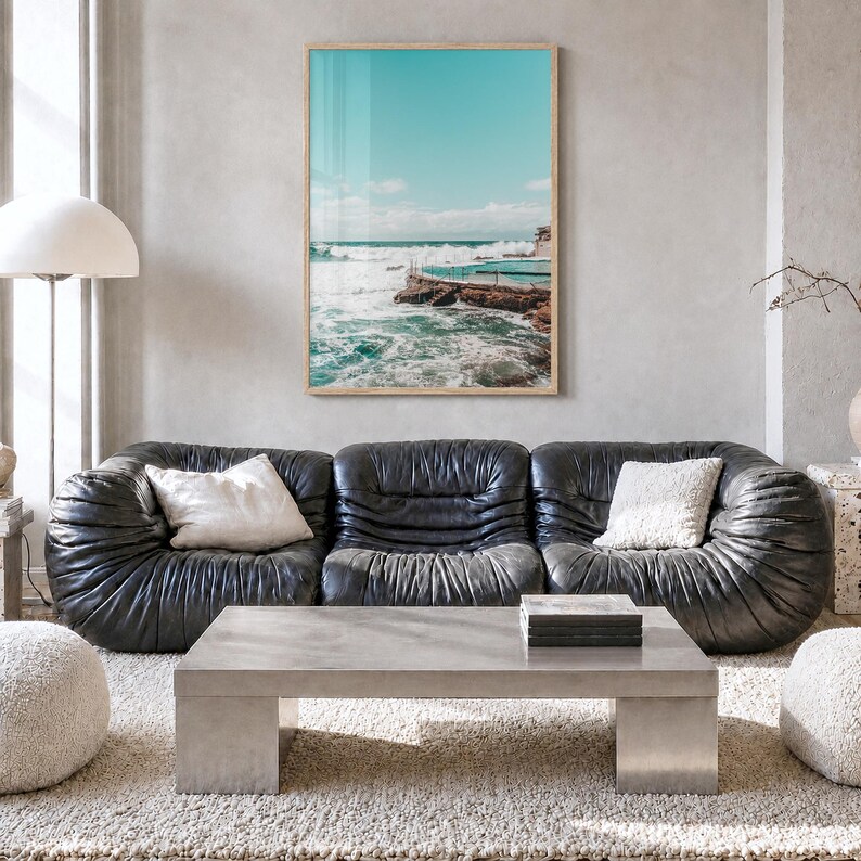Bronte Beach Ocean Pool Fine Art Photo Print, sydney poster, full image (no border) in a natural wood frame, hanging in a living room