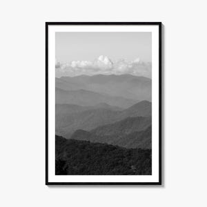 Impresión de póster fotográfico de las Montañas Blue Ridge, arte en blanco y negro de las Montañas Blue Ridge, fotografía de las Montañas Blue Ridge, viajes, póster de mapa
