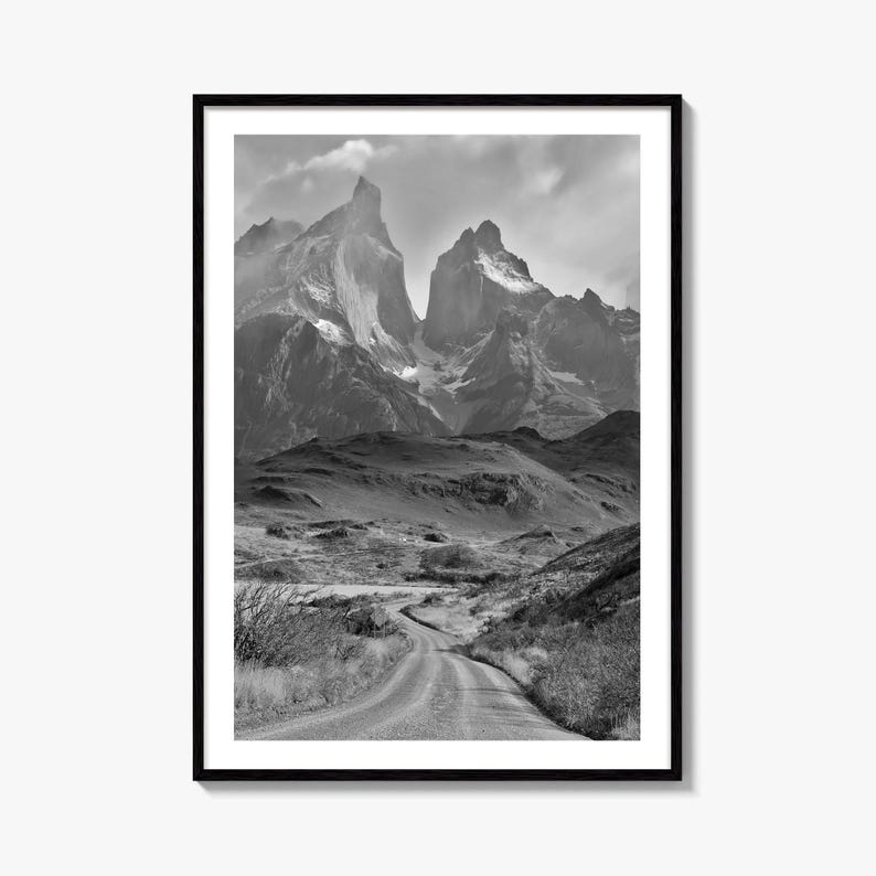 Torres del Paine Black and White Fine Art Photo Print, Patagonia Chile, Lake Pehoe image 1