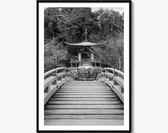 Svartvitt fototryck av Kyoto, affisch med Daigiji-templet, väggdekoration i Japan