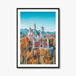 Impressão de pôster colorido do Castelo de Neuschwanstein, arte fotográfica do castelo, decoração de parede do castelo, impressão de viagem do castelo, pôster de mapa de rua do castelo, mapa da cidade