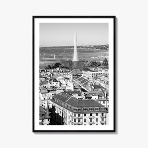 Stampa di poster con foto di Ginevra, arte murale in bianco e nero di Ginevra, fotografia murale di Ginevra, viaggi a Ginevra, poster con mappa di Ginevra