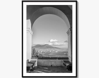 Stampa fotografica artistica in bianco e nero di Napoli, poster fotografico del Vesuvio, Italia