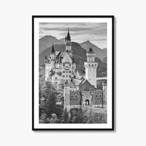 Neuschwanstein Castle Photo Poster Print, Castle Black and White Art, Castle Wall Photography, Castle Travel, Neuschwanstein Castle Poster