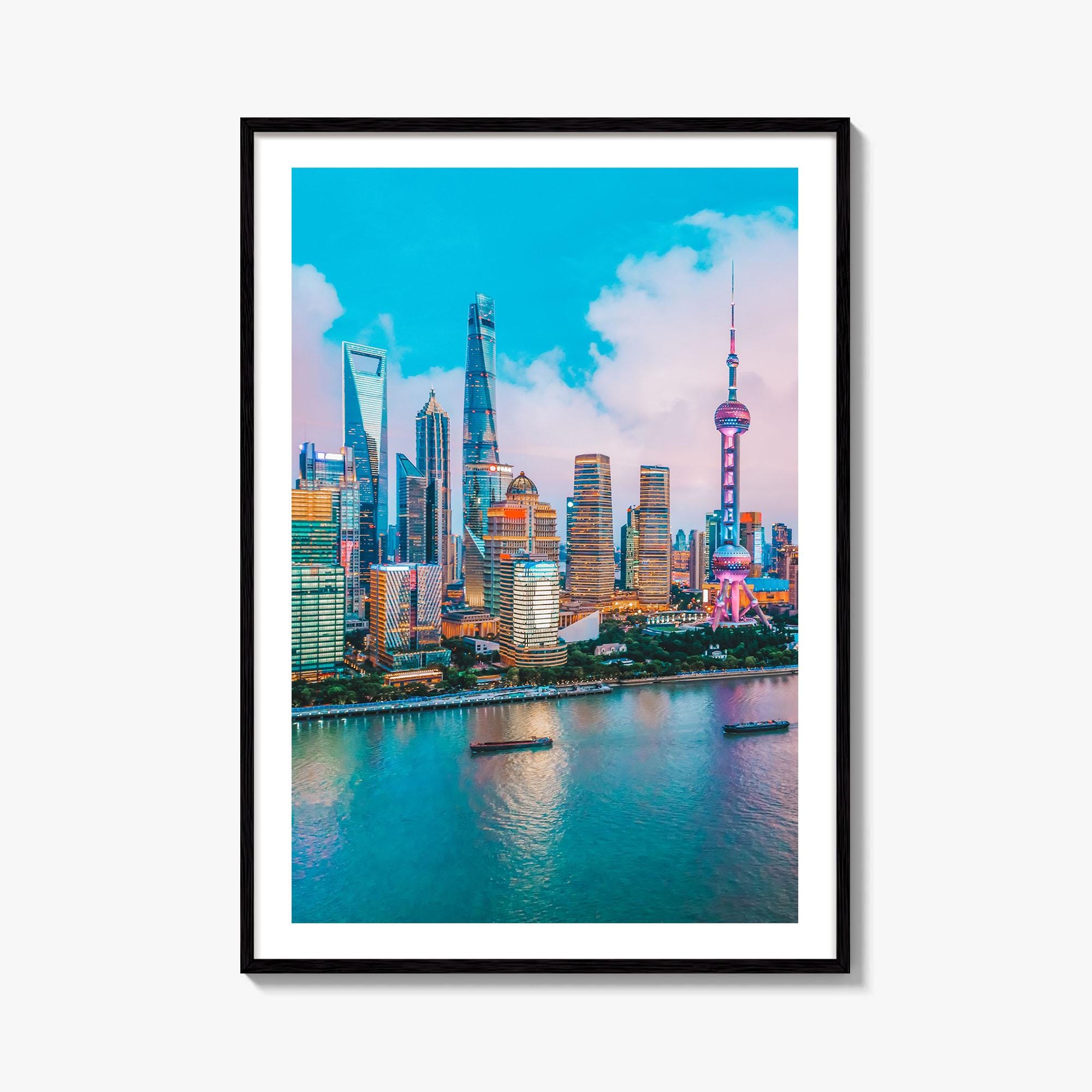 上海の現代的な都市景観絵画 上海のスカイラインのファインアート写真プリント、浦東、空中夜景