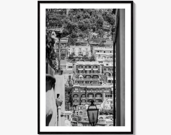Positano Black and White Fine Art Photo Print, Amalfi Coast Italy Poster, Panoramic Sea