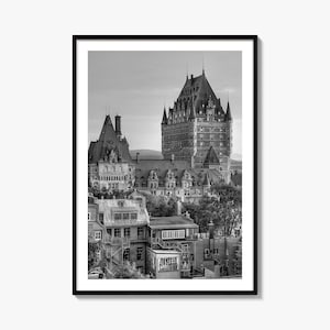 Impresión de póster fotográfico de la ciudad de Quebec, arte mural en blanco y negro de la ciudad de Quebec, fotografía de la ciudad de Quebec, viajes por la ciudad de Quebec, póster de mapa