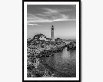 Cape Elizabeth Black and White Fine Art Photo Print, Portland Head Light Poster, Maine