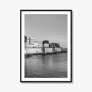 Impresión de póster fotográfico de Siracusa, Italia, arte mural en blanco y negro de Siracusa, Italia, fotografía mural de Siracusa, Italia, viajes, póster de mapa