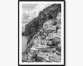 Positano svartvitt konstfototryck, Amalfikustenposter, Italien väggdekoration
