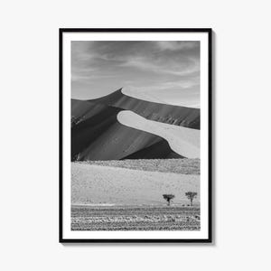 May include: A black and white framed wall art print featuring a vast desert landscape with towering sand dunes under a cloudy sky. In the foreground, two small, sparse trees stand on a flat, textured sandy plain beneath the large, curved dunes.