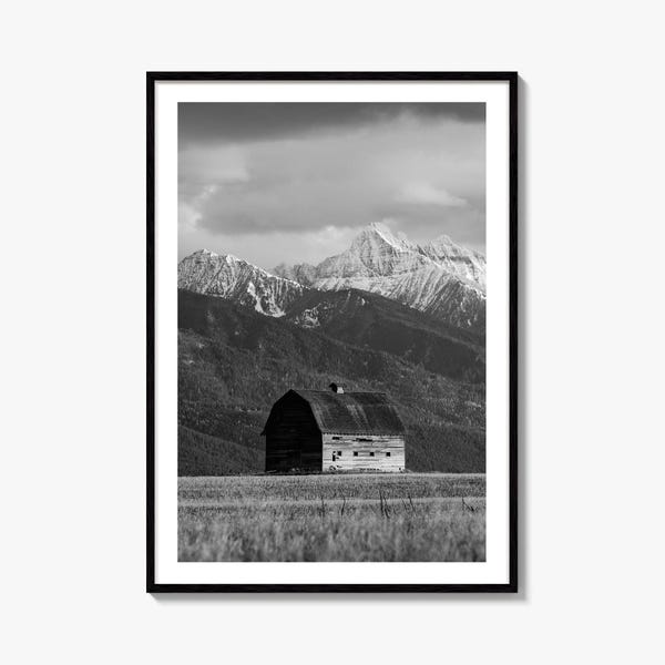 Impresión fotográfica artística en blanco y negro de Pablo Montana, póster de Mission Valley Barn, EE. UU.