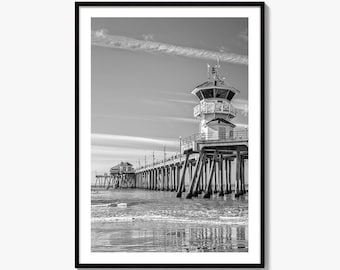 Impressão fotográfica artística em preto e branco de Huntington Beach, pôster do Orange County Pier, Califórnia