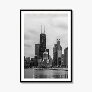 Svartvit konstfototryck med Chicagos skyline, väggdekoration med Illinois-poster