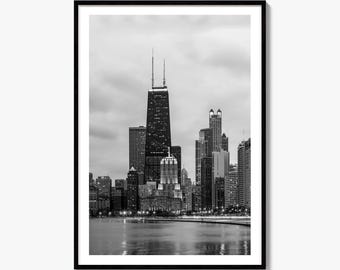 Svartvit konstfototryck med Chicagos skyline, väggdekoration med Illinois-poster