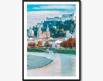 Salzburgs skyline fototryck, Hohensalzburg fästning affisch, Salzach River Österrike väggdekoration