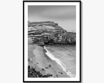 Impresión fotográfica artística en blanco y negro de una playa de arena verde, póster de la Isla Grande de Hawái