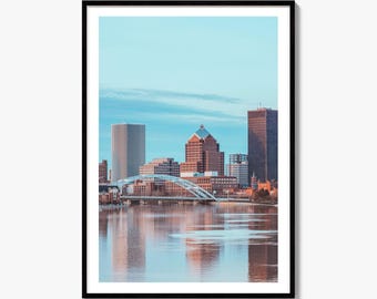 Rochester New Yorks skyline, konstfototryck, väggdekoration Genesee River