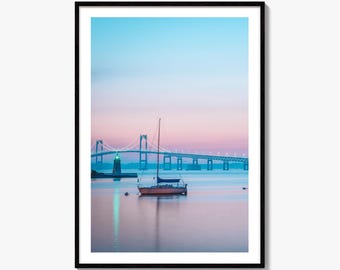 Newport RI Fine Art Photo Print, Latarnia morska na wyspie Goat Island, Most Pell, Plakat