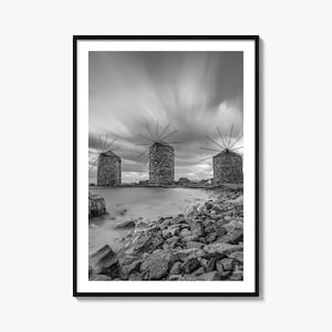 Griechenland Foto Poster Druck Nr. 2, Windmühle Griechenland Schwarz weiß Kunst, Windmühle Griechenland Wand Fotografie, Reise, Karte Poster