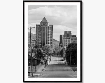 Czarno-biały wydruk artystyczny „Roanoke Skyline”, ulica Jefferson, Wirginia, dekoracja ścienna