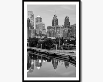 Svartvit konstfototryck med Philadelphias skyline, väggdekoration med affisch och Pennsylvania