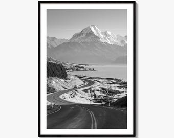 Aoraki Mount Cook zwart-wit kunstfotoprint, Nieuw-Zeeland, Zuidereiland