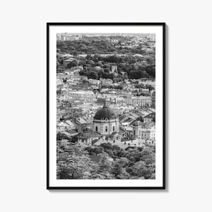 Lviv fotoposter print, Lviv zwart-witte muurkunst, Lviv muurfotografie, Lviv reizen, Lviv kaart poster