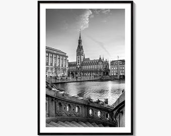 Hamburg Black and White Fine Art Photo Print, City Hall Rathaus, Germany Wall Poster