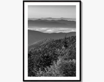 Great Smoky Mountains Black and White Fine Art Photo Print, Clingmans Dome Tennessee Poster