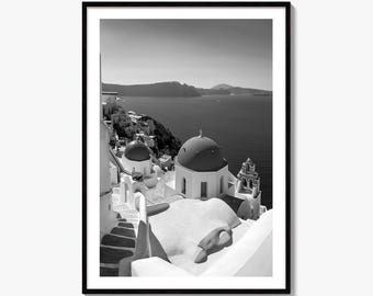 Santorini Schwarz Weiss Fine Art Photo Print, Oia Griechenland Blue Domes Poster