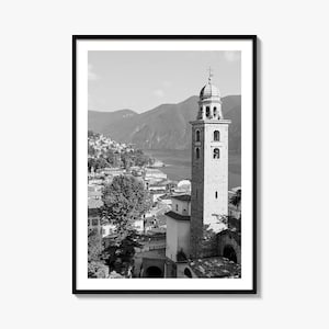 Stampa poster con foto di Lugano, arte murale in bianco e nero di Lugano, fotografia murale di Lugano, viaggi a Lugano, poster con mappa di Lugano