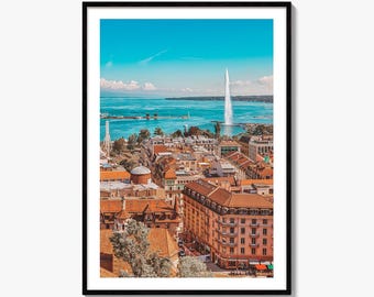Geneva Skyline Fine Art Photo Print, Wall Decor Poster, Switzerland, Jet d'Eau, Lake Leman