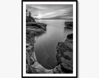 Pictured Rocks Black and White Fine Art Photo Print, Lake Superior Poster, Michigan Sunset